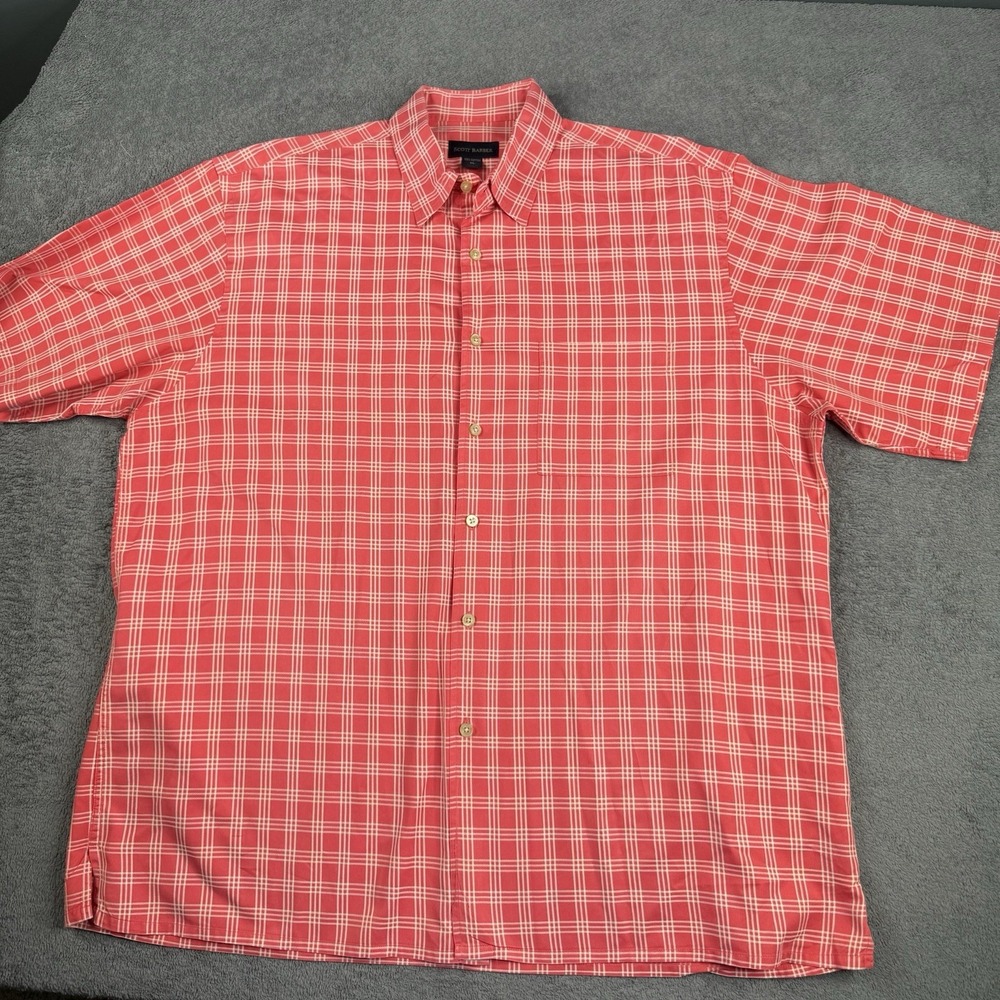 Scott Barber Men's‎ Button Up Shirt Size XL Plaid 100 % Cotton Short Sleeve Red